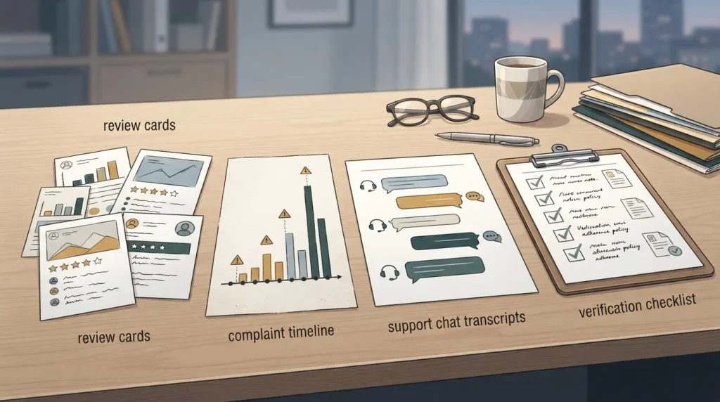 Complaint records, player reviews and support messages being compared