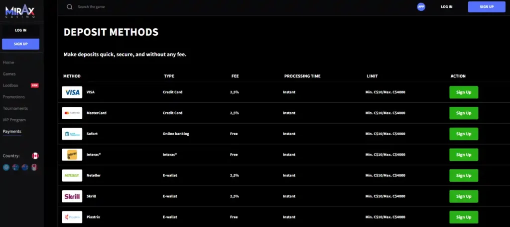 Current Mirax payments page showing deposit and withdrawal method categories