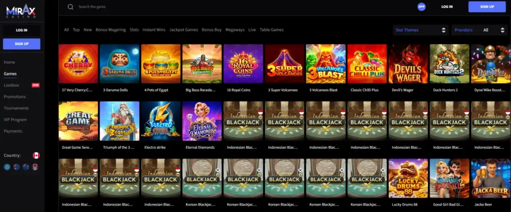 Mirax game lobby showing categories and provider browsing without personal account data