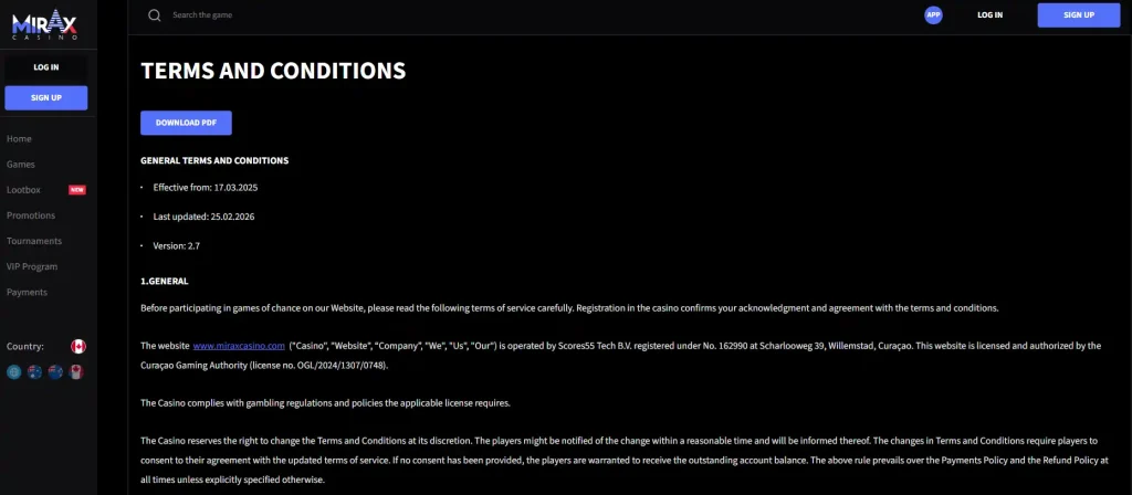 Current Mirax Terms showing the operator and Curaçao Gaming Authority licence