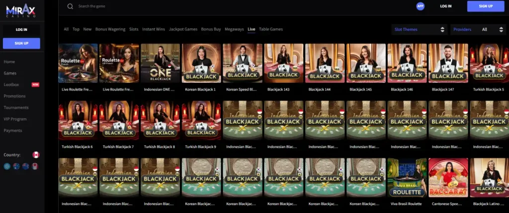 Current Mirax live casino lobby with live dealer categories visible