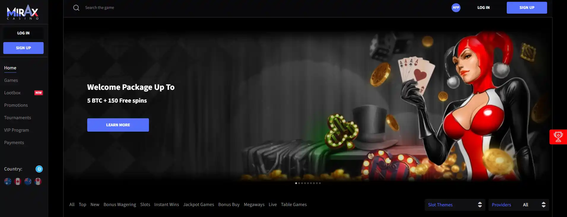 Current Mirax Casino homepage or account-facing interface
